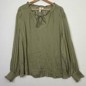 JOIE 1X Satin Long Sleeve Tie Neck Peasant Boho Blouse Green